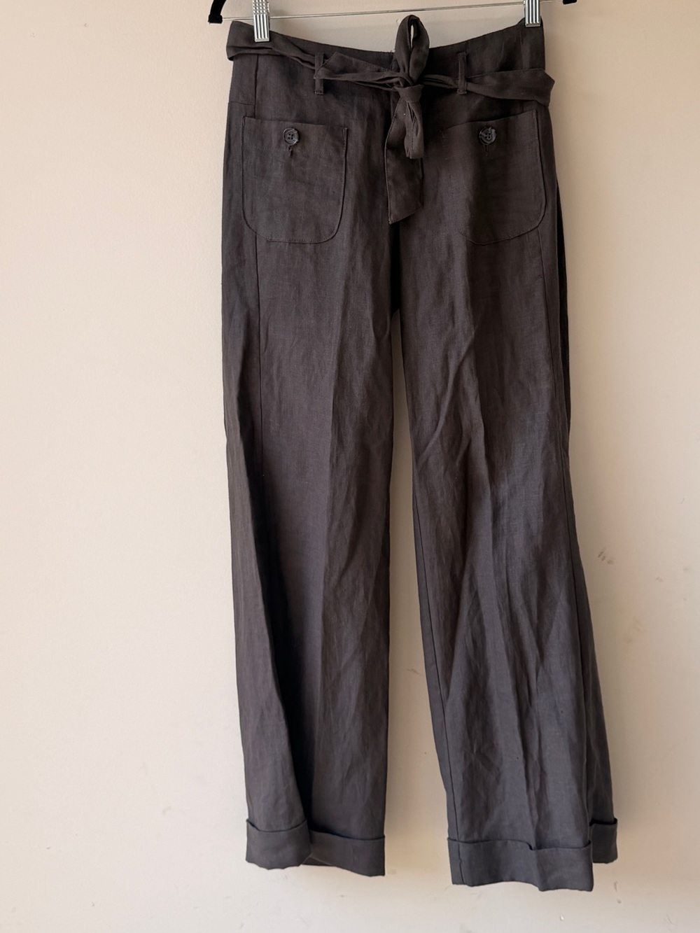 100% Linen Banana Republic Dark Brown Belted Wide-Leg Pants